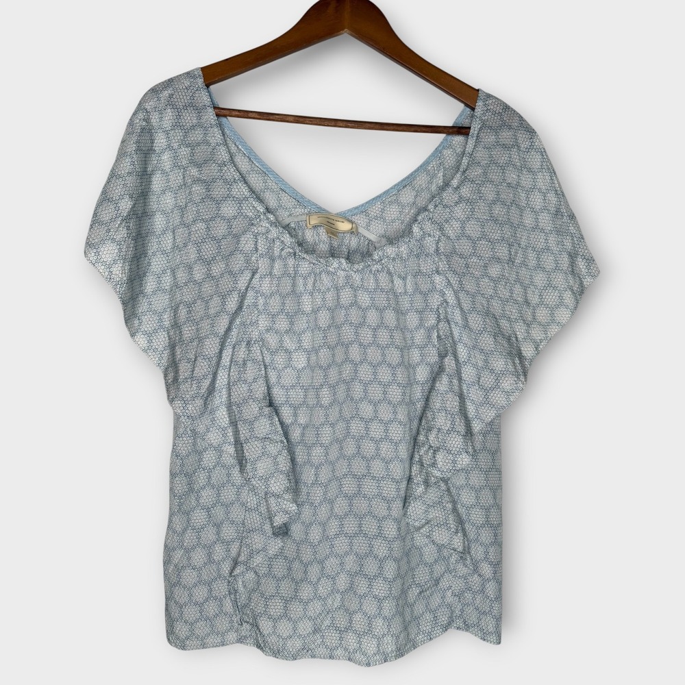 Anthropologie Ruffle Moulinette Soeurs Light Blue Honeycomb Silk Blouse Size 12
